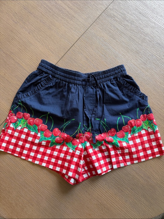 Damson Madder Pants - Damson Madder Cherry Trim Navy Shorts with Red Gingham